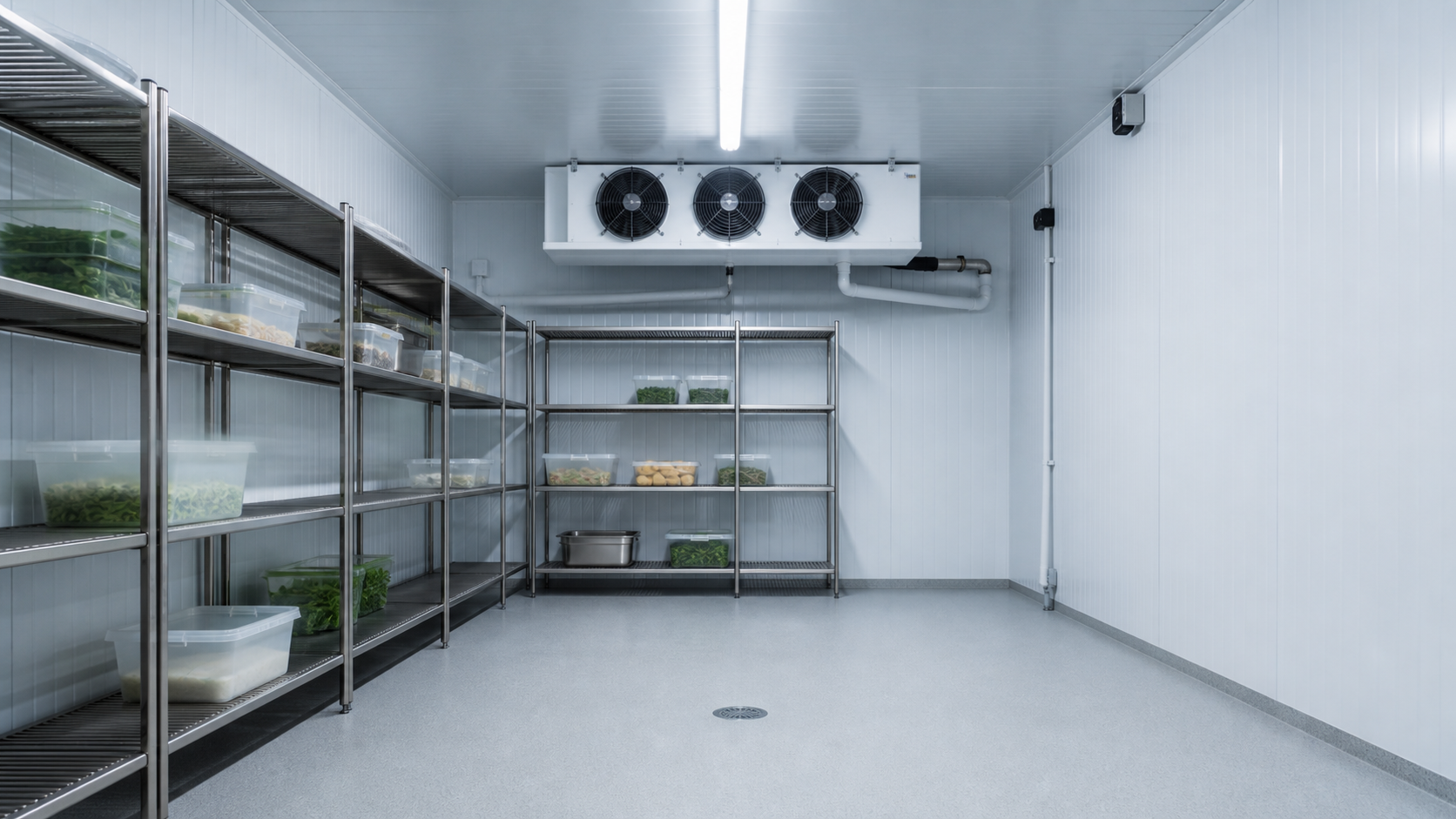 Clean commercial cold-storage room with ceiling-mounted refrigeration equipment