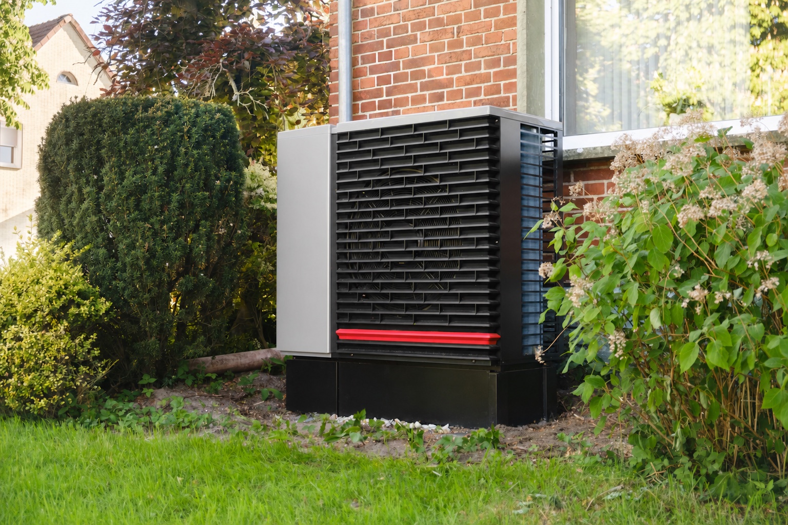 Unbranded outdoor residential heat pump beside a brick home